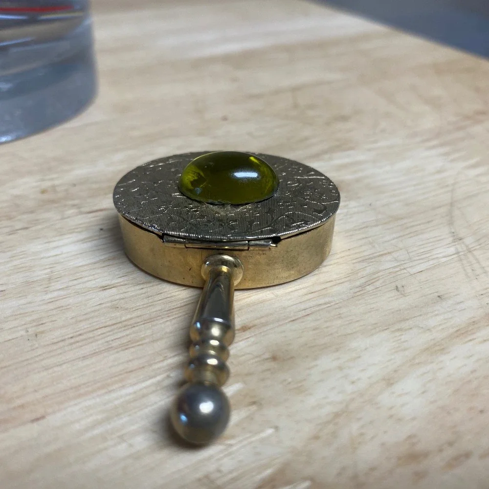 Vintage Pill Box Trinket Case Gold Tone Yellow/Green Cabochon Etched Floral